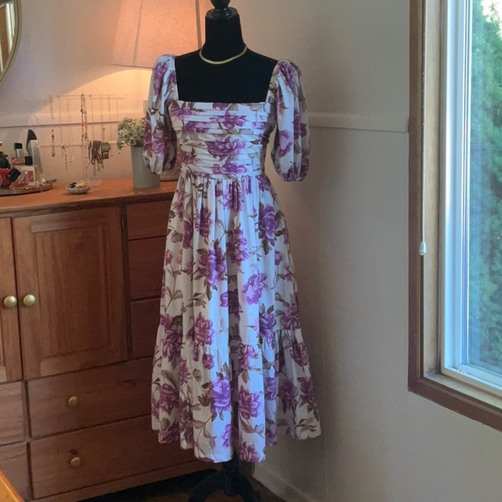 Abercrombie & Fitch Purple Floral Midi Dress Puff Sleeve Square Neck